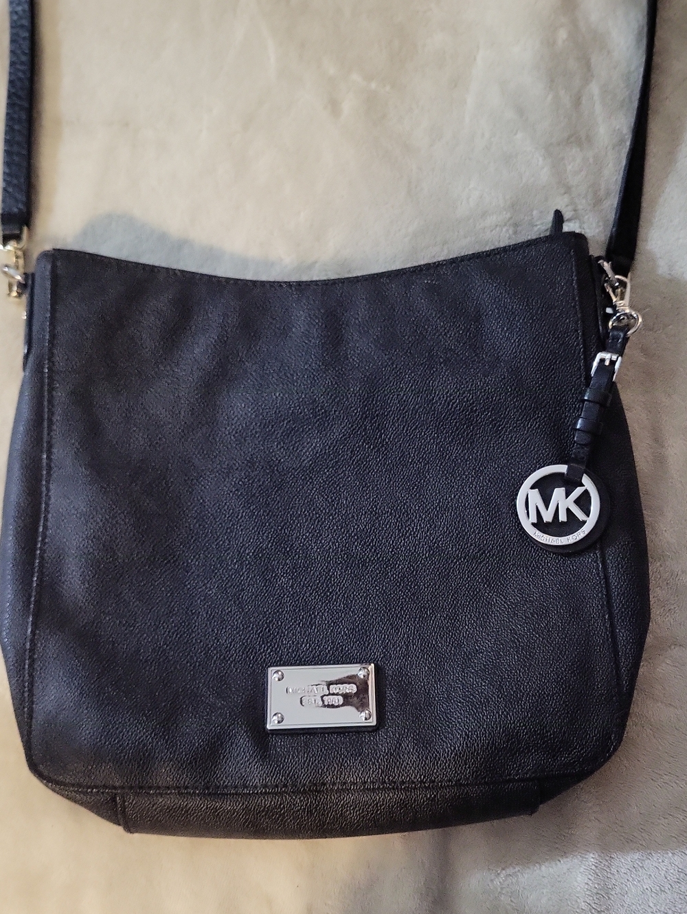 Michael Kors Black Pebbled Leather Messenger Bag with Silver MK Charm